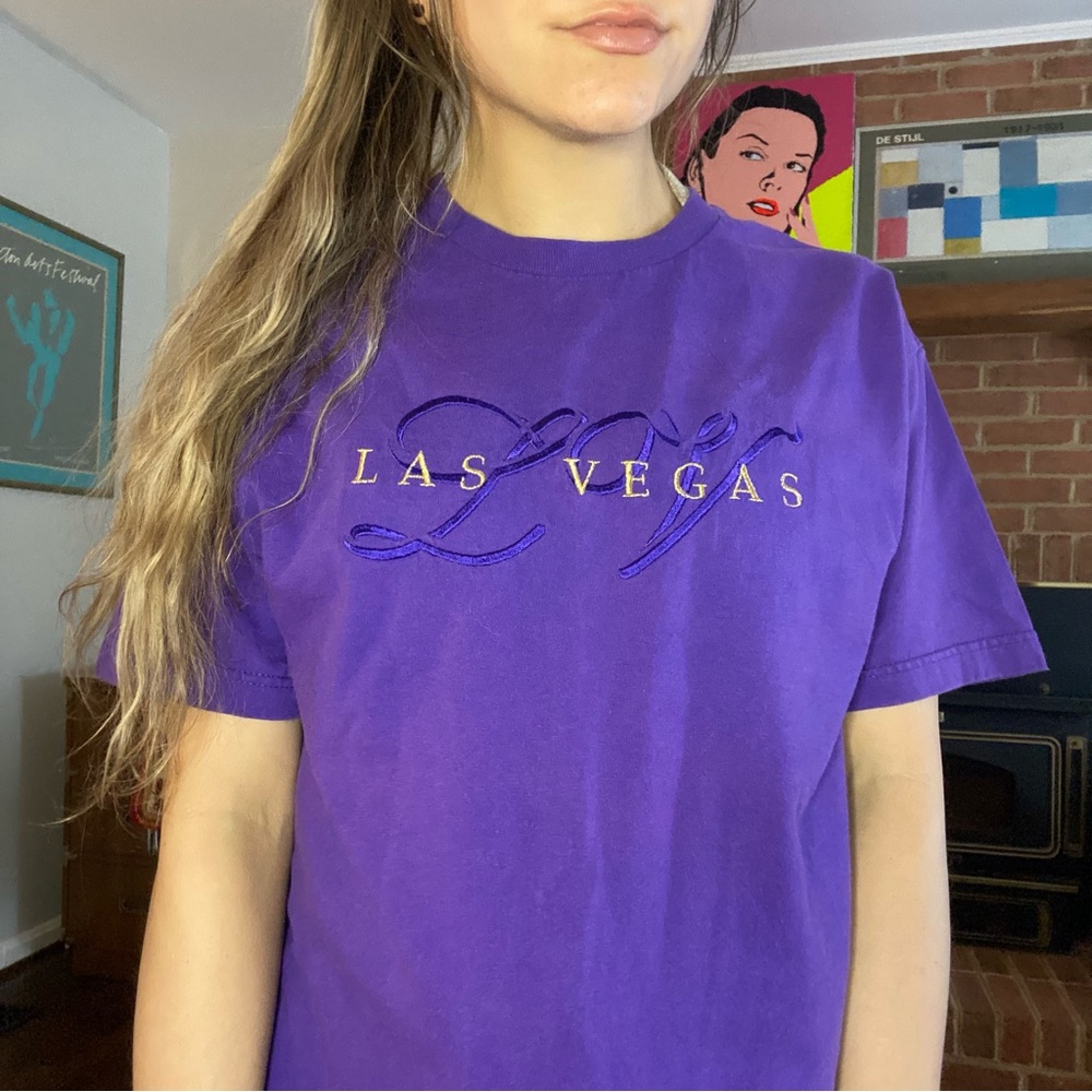 Vintage 90s Las Vegas Embroidered Metallic Tee T-Shirt Nevada